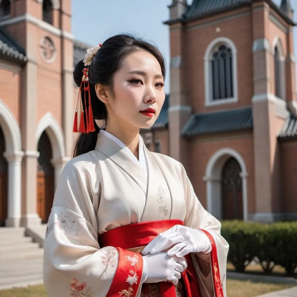 Prompt: A beautiful Chinese woman wears beautiful Hanfu and long white silk gloves. She stands outside a Roman Catholic church. Full body picture.