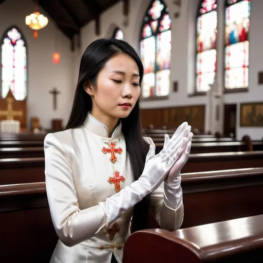 Prompt: A beautiful Chinese woman wears white long silk gloves. She prays in a Catholic church.