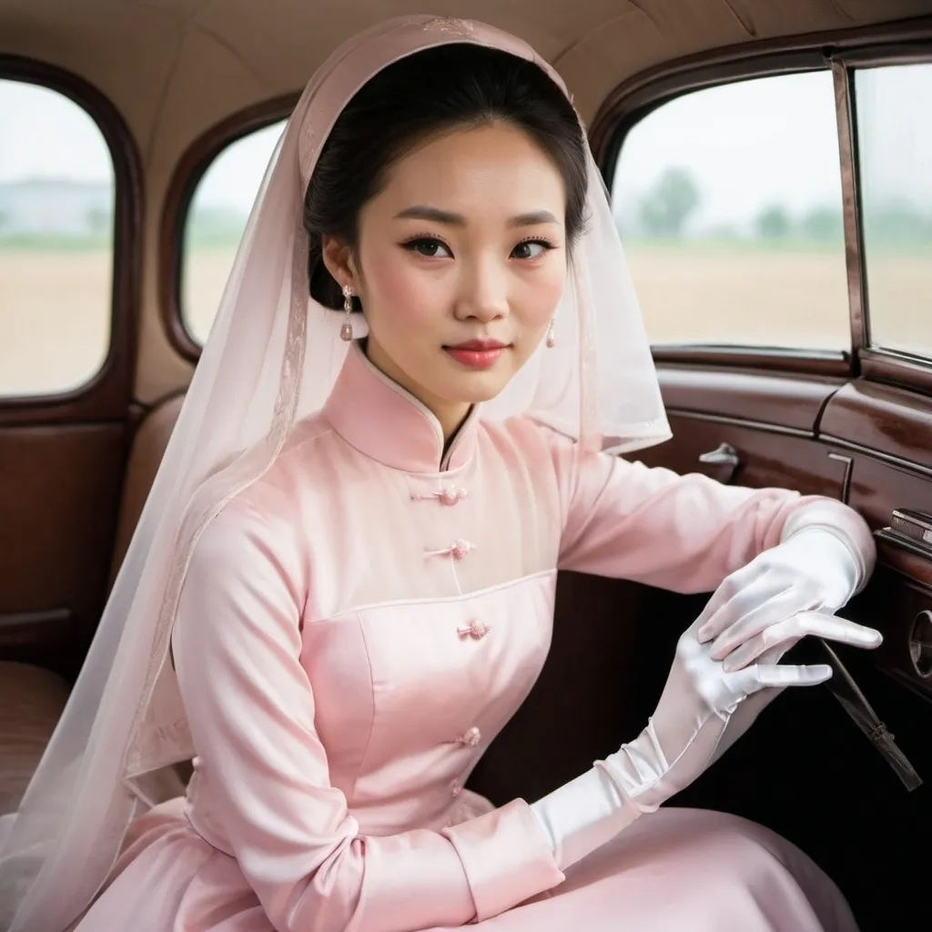 Prompt: A beautiful Chinese woman wears light pink long-sleeves clothes, and white long silk gloves. Modest Catholic Attire, veil on hair. She sits at the back seat, in an old car.