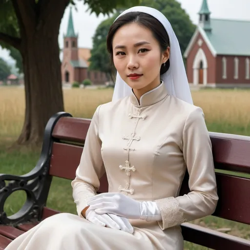 Prompt: A beautiful Chinese woman wears long-sleeves clothes, and white long silk gloves. Modest Catholic Attire. She sits straight on bench, in rural area, outside a Catholic church.