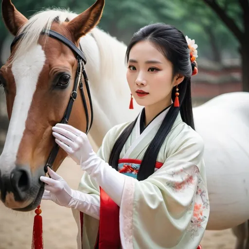 Prompt: A beautiful Chinese woman wears Hanfu and white long silk gloves. She is feeding a horse.