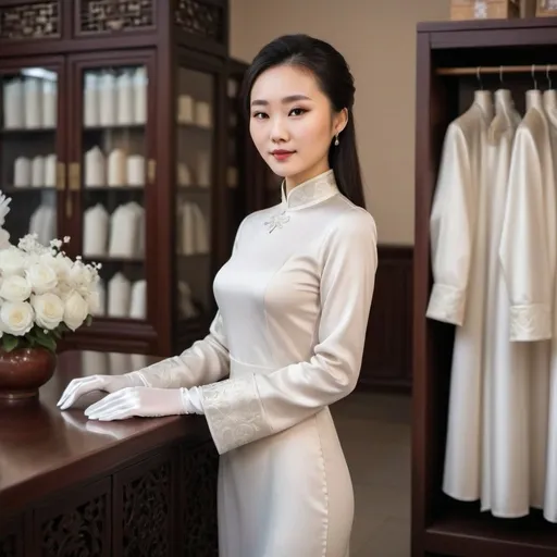 Prompt: A beautiful Chinese woman wears beautiful long-sleeves clothes, and white long silk gloves. Modest Catholic attire. Realistic. She works in a clothes shop. Full body.