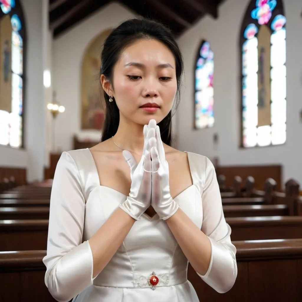 Prompt: A beautiful Chinese woman wears white long silk gloves. She prays in a Catholic church.