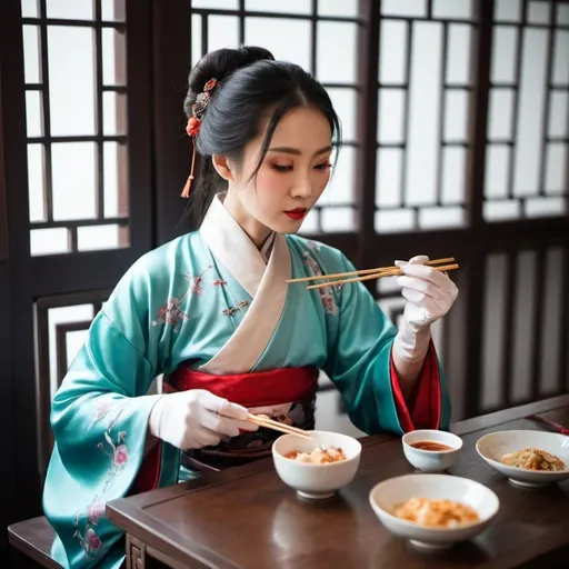Prompt: a chinese woman wearing hanfu and satin long gloves, is eating with a pair of chopsticks