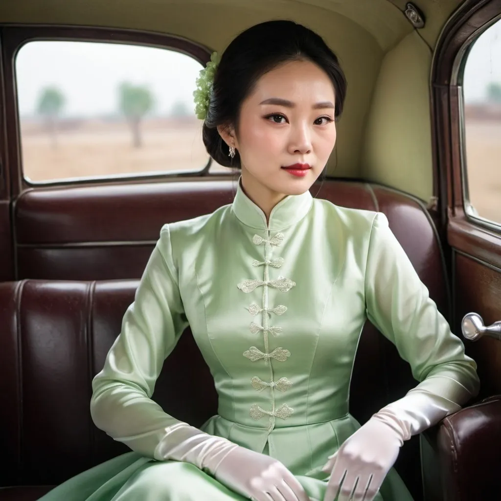 Prompt: A beautiful Chinese woman wears light green long-sleeves clothes, and white long silk gloves. Modest Catholic Attire. She sits at the back seat, in an old car.