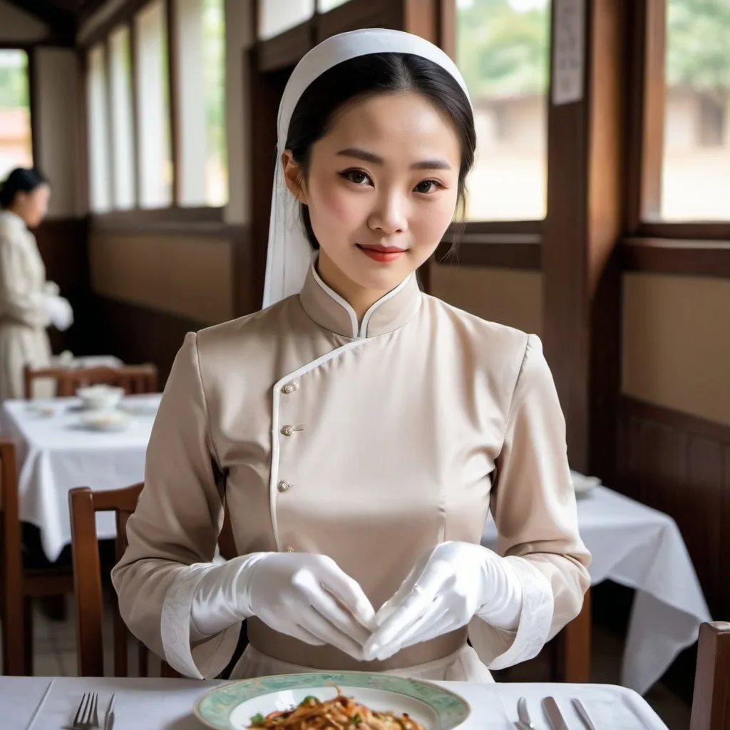 Prompt: A beautiful Chinese woman wears long-sleeves clothes, and white long silk gloves. Modest Catholic Attire. She is serving dishes to the table, in rural area, in canteen outside a Catholic church.