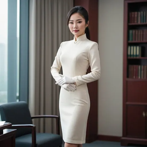 Prompt: A beautiful Chinese woman wears long-sleeves business dress, and white long silk gloves. She stands in office. Full body.