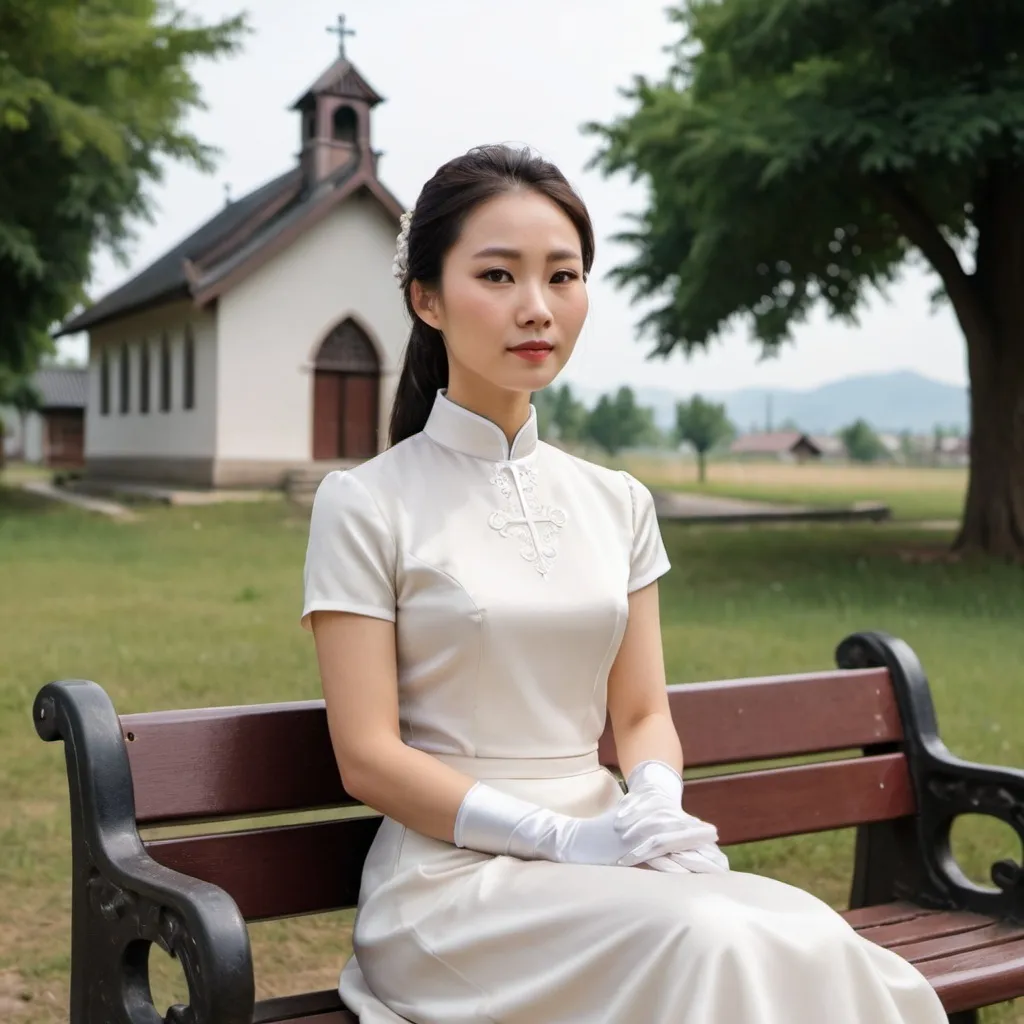 Prompt: A beautiful Chinese woman wears beautiful short-sleeves clothes, and white long silk gloves that cover to the upper arm. Modest Catholic Attire. She sits straight on the bench, in rural area, outside a Catholic church.