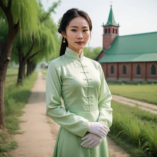 Prompt: A beautiful Chinese woman wears beautiful light green long-sleeves clothes, and white long silk gloves. Modest Catholic attire. She stands in rural area, behind her at a distance is a Catholic church. Full body, realistic.