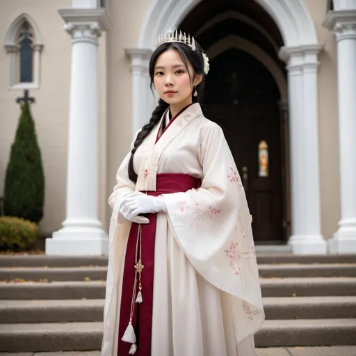 Prompt: A beautiful Chinese woman wears beautiful Hanfu and long white silk gloves. She stands outside a Catholic church. Full body picture.