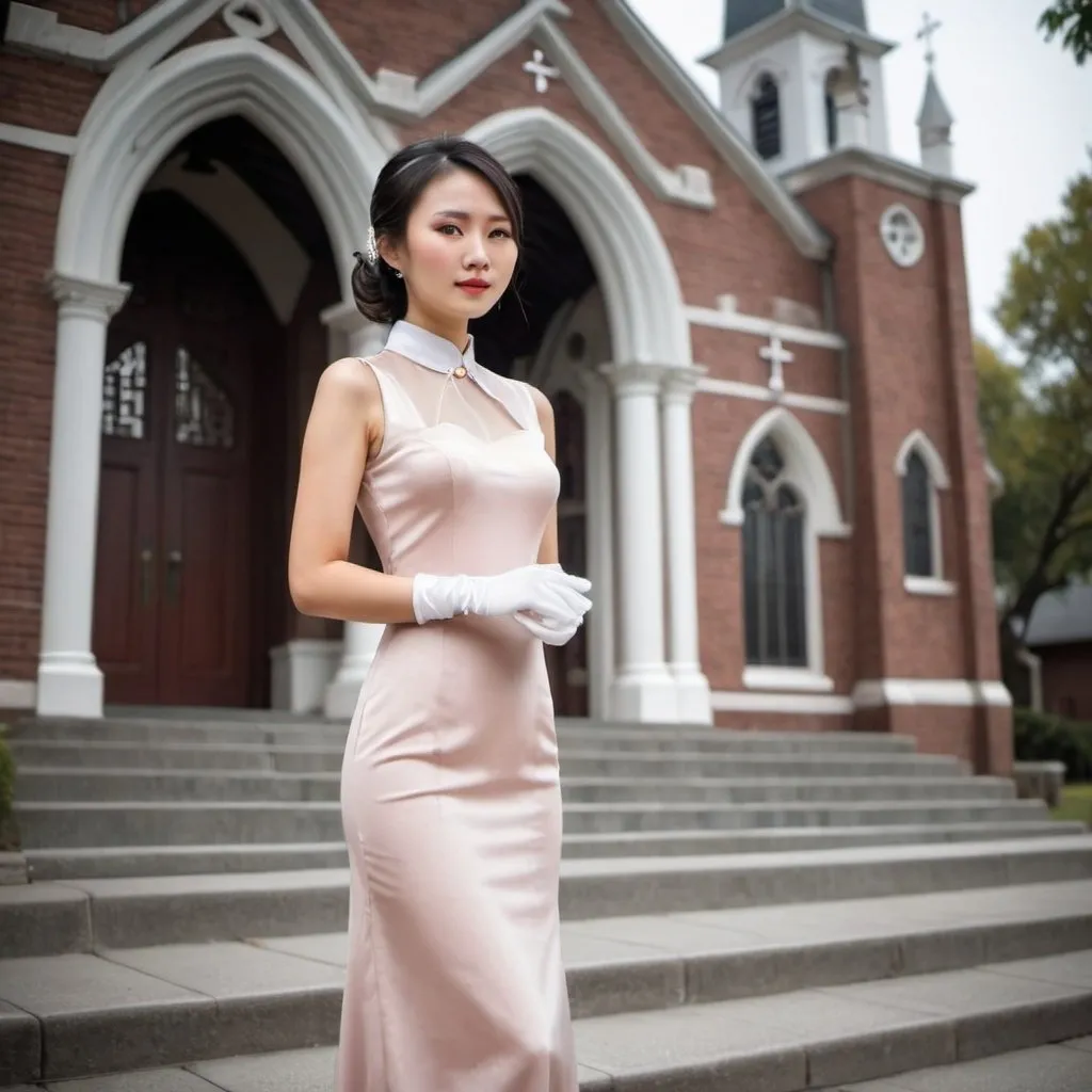 Prompt: A beautiful Chinese woman wears beautiful collared dress and long white silk gloves. She stands outside a Catholic church. Full body picture.