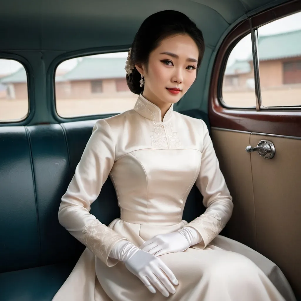 Prompt: A beautiful Chinese woman wears long-sleeves clothes, and white long silk gloves. Modest Catholic Attire. She sits at the back seat of old car.