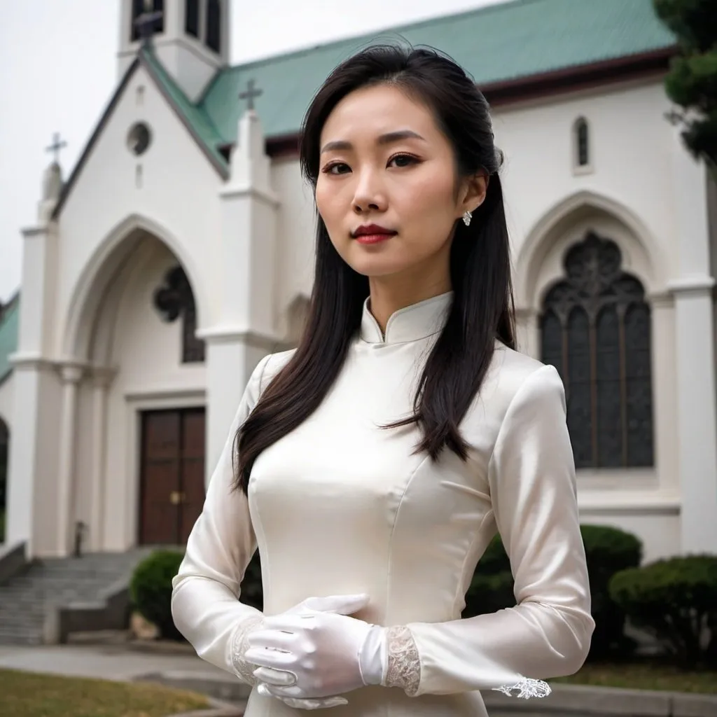 Prompt: A beautiful Chinese woman wears long sleeves, and long white silk gloves. She stands outside a Catholic church. Full body.