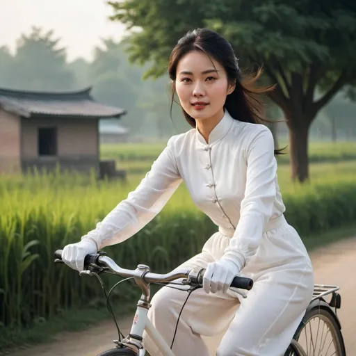 Prompt: In the early morning, a beautiful Chinese woman wears white clothes and long satin gloves, rides a bicycle in a rural area.