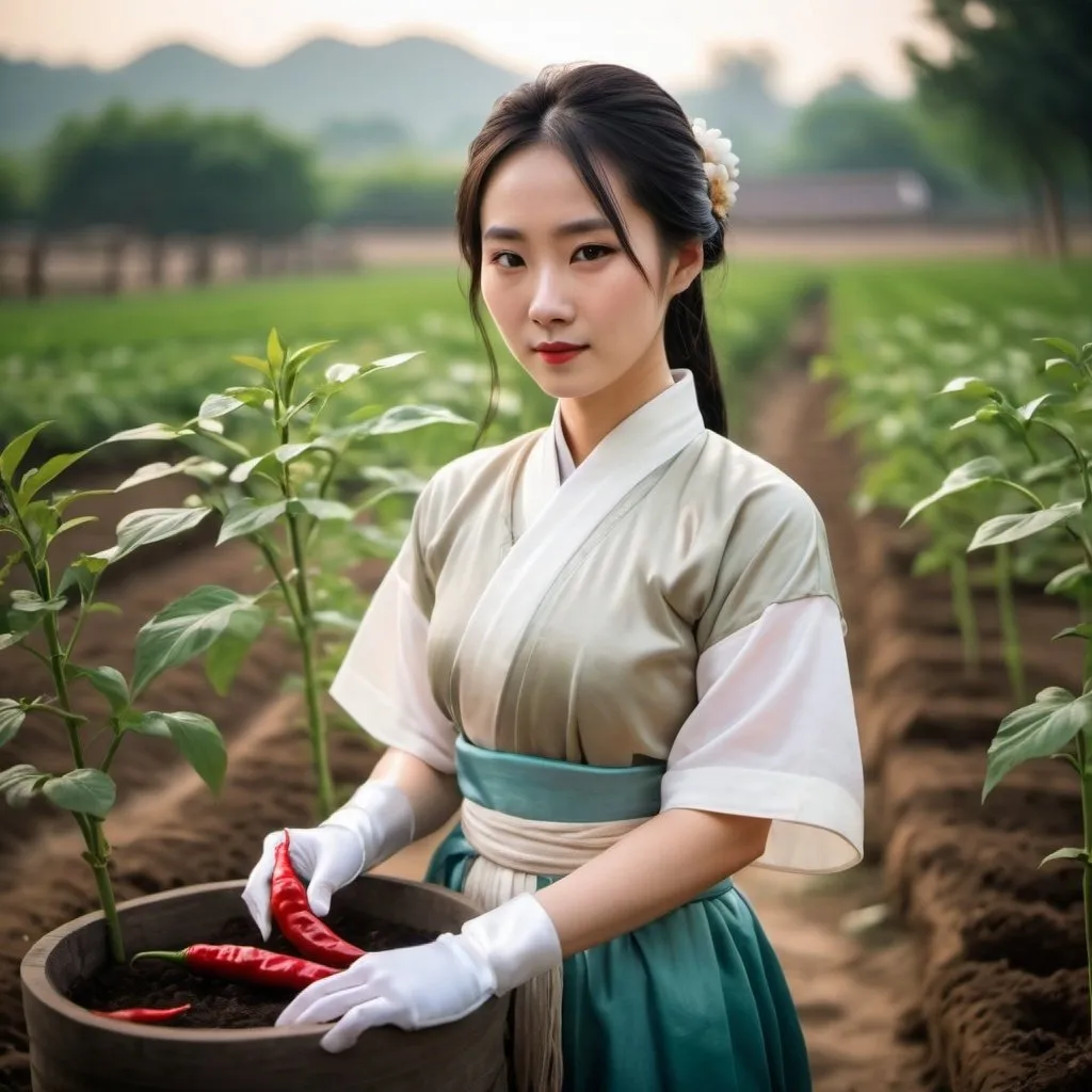 Prompt: A beautiful Chinese woman wears short sleeves Hanfu and white long satin gloves. In the late afternoon, she works in a farm planting with chilli.