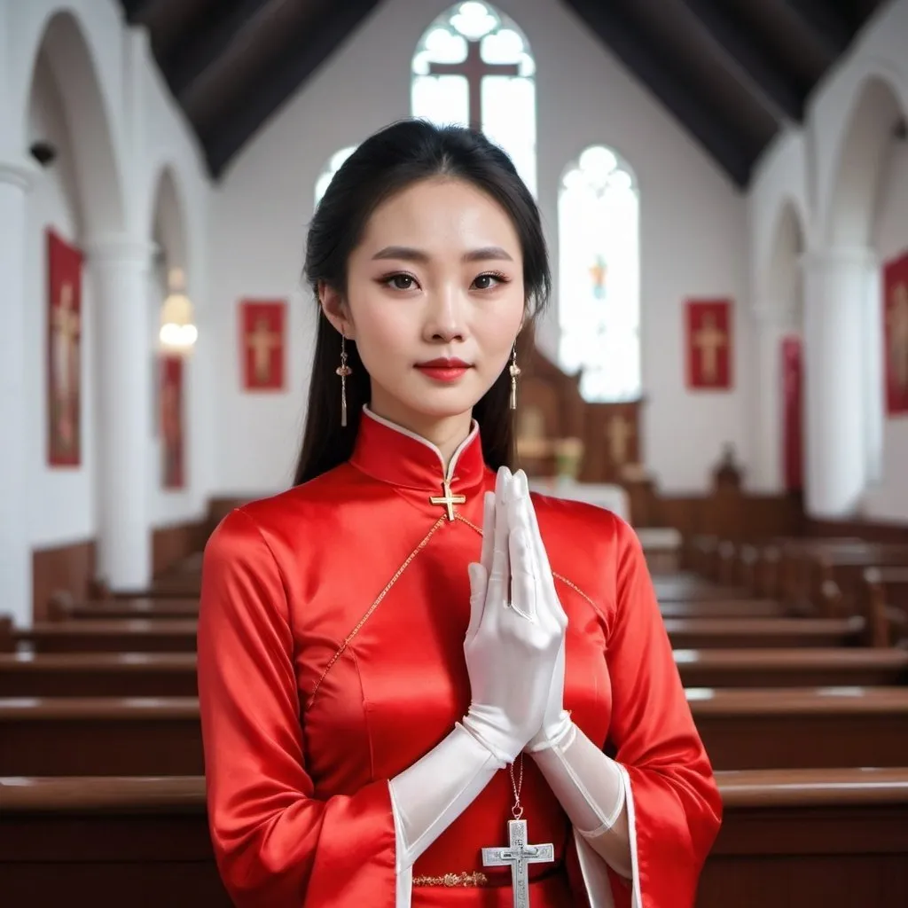 Prompt: A beautiful Chinese woman wears red long-sleeves clothes, and white long silk gloves. Modest. She holds the crucifix in Catholic church