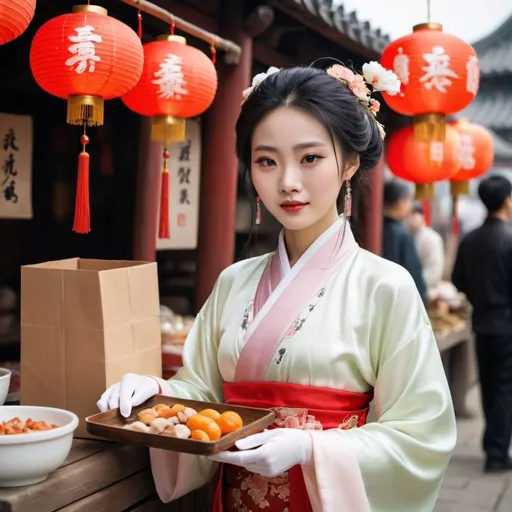 Prompt: A beautiful Chinese woman wears beautiful Hanfu and long white silk gloves. She sells packages of food in a stall.