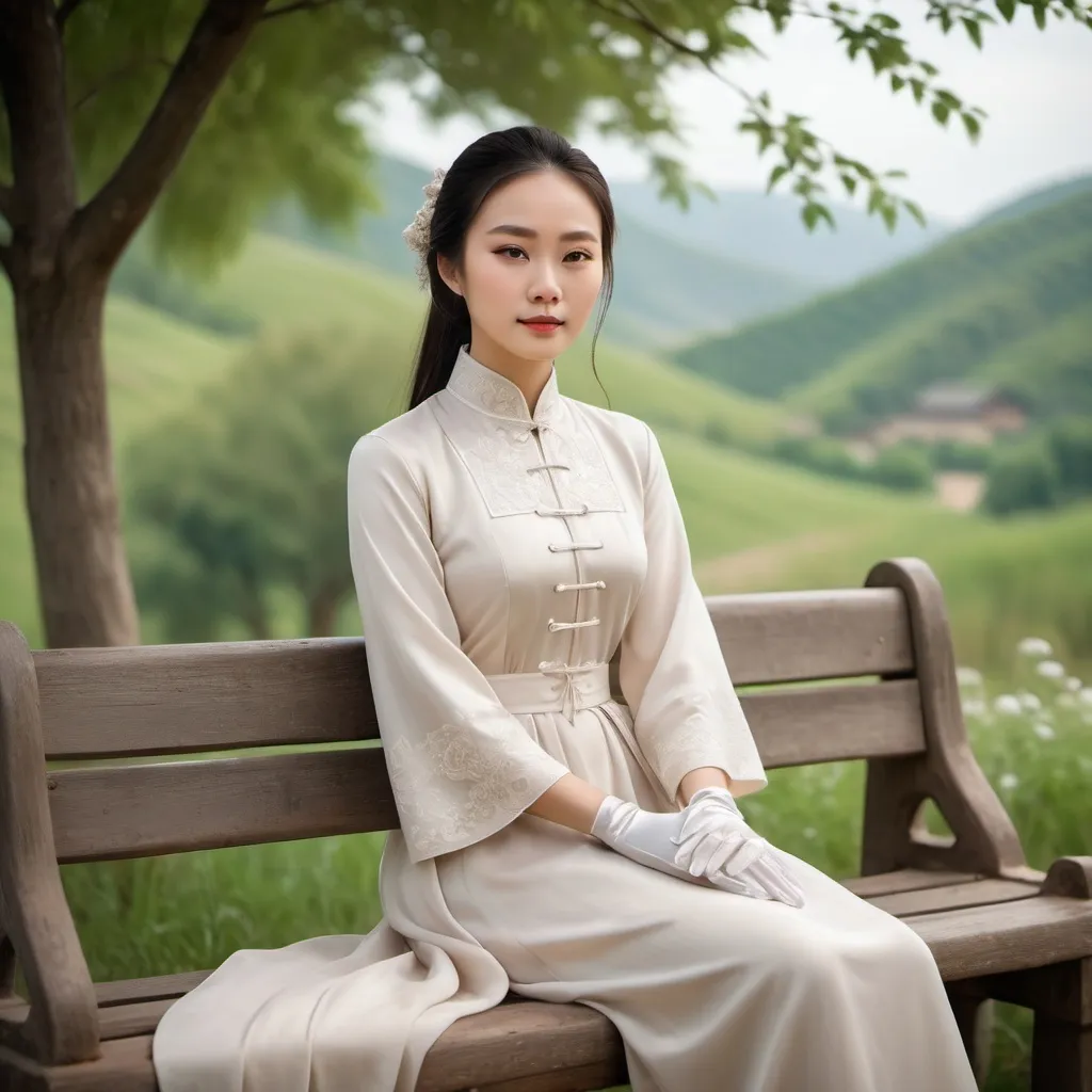 Prompt: A beautiful Chinese woman wears beautiful long-sleeves clothes, and white long silk gloves. Modest Catholic Attire. She sits on a bench, in rural area, on a hill.