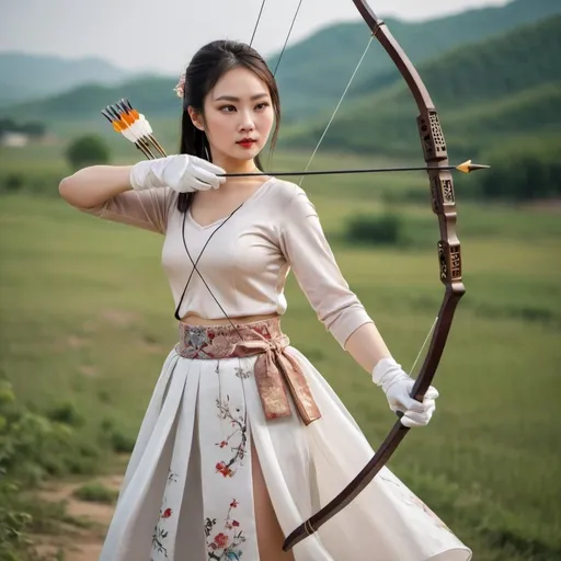 Prompt: A beautiful Chinese woman wears beautiful skirt, and white long silk gloves. She holds a bow and an arrow, in rural area.