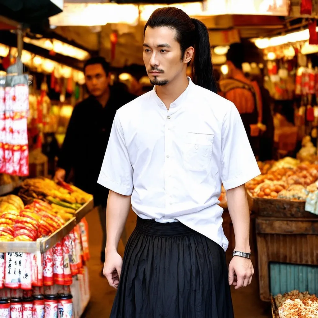 Prompt: A handsome Chinese man has long hair, ponytail, wears long skirt. He is in a market.