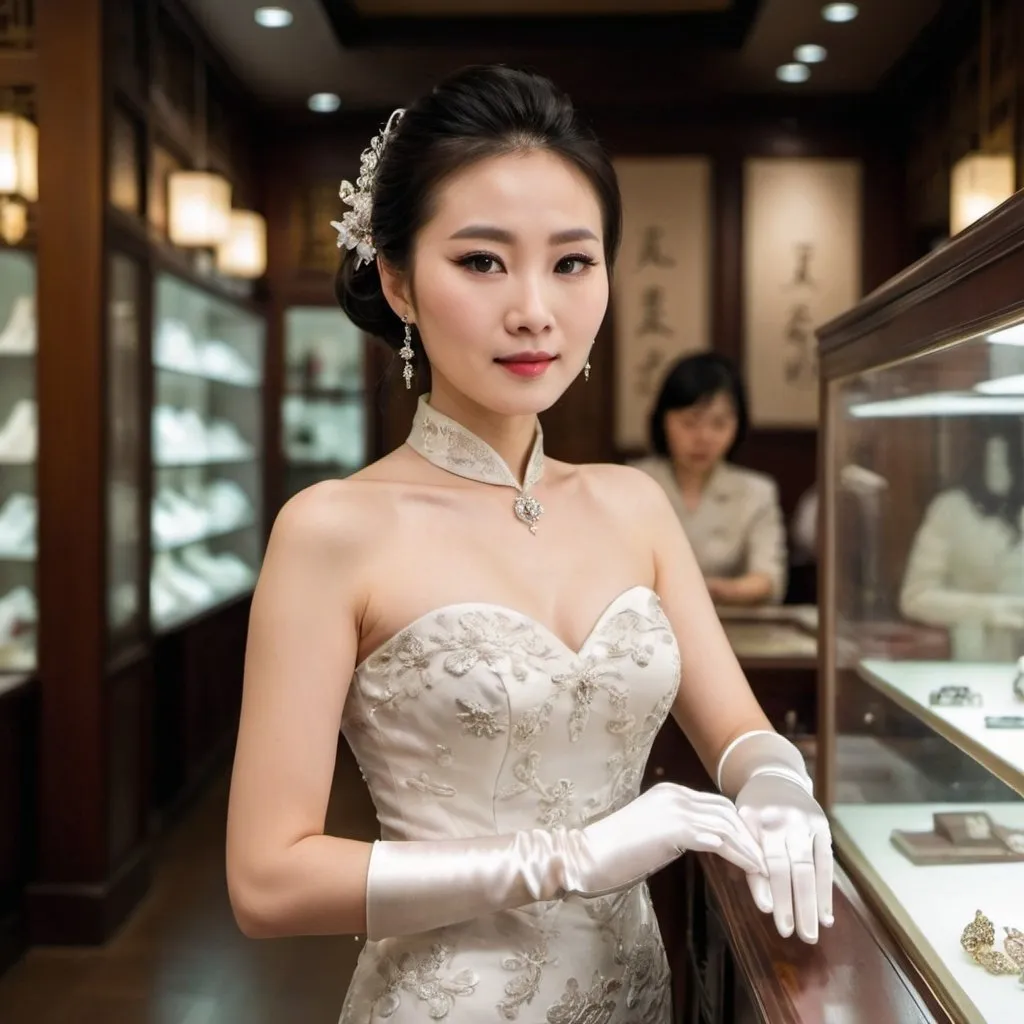 Prompt: A beautiful Chinese woman wears beautiful dress, and white long silk gloves. She works in a jewelry store.