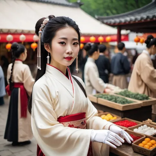 Prompt: A beautiful Chinese woman wears Hanfu, and white long silk gloves. She is selling at the market.