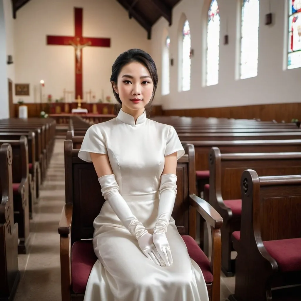 Prompt: A beautiful Chinese woman wears long white silk gloves. Modest. She sits straight on chair, in Catholic church. Full body.