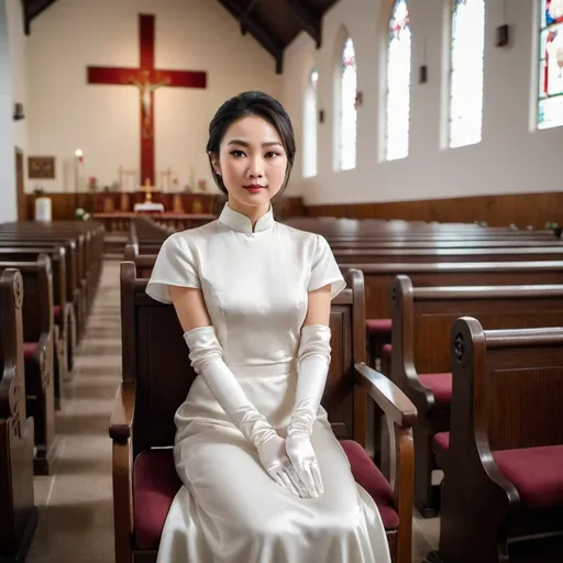 Prompt: A beautiful Chinese woman wears long white silk gloves. Modest. She sits straight on chair, in Catholic church. Full body.