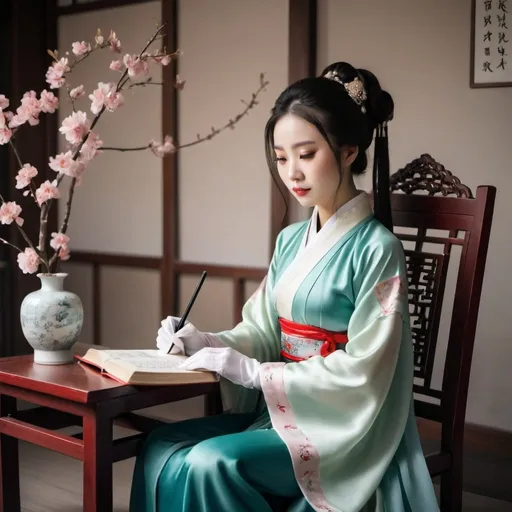 Prompt: A beautiful Chinese woman wears beautiful Hanfu, and long silk gloves. She sits on a chair, and writes on a book.