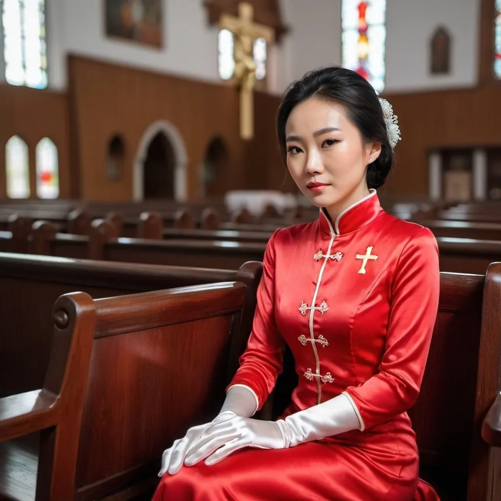 Prompt: A beautiful Chinese woman wears red clothes, and white long silk gloves. Modest. She sits straight on chair, in Catholic church. 