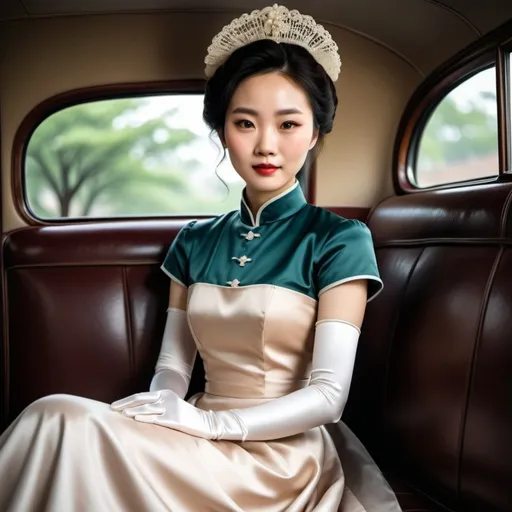 Prompt: A beautiful Chinese woman wears beautiful short-sleeves clothes, and white long silk gloves that cover to upper arm. Modest Catholic Attire. She sits at the back seat in an old car.