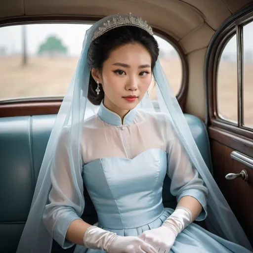 Prompt: A beautiful Chinese woman wears light blue long-sleeves clothes, and white long silk gloves. Modest Catholic Attire, veil on hair. She sits at the back seat, in an old car.