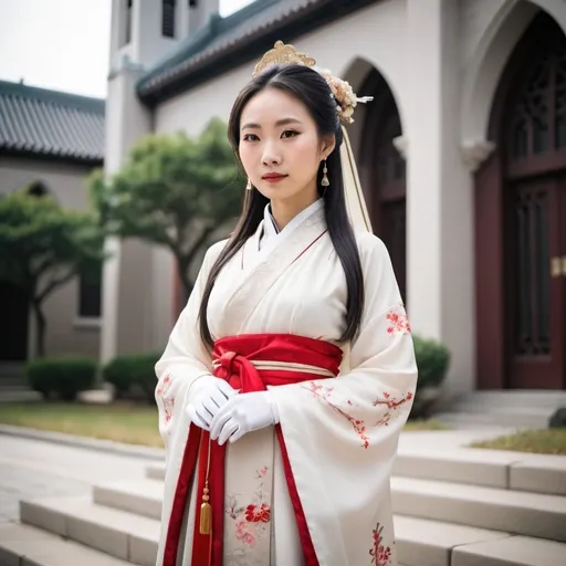 Prompt: A beautiful Chinese woman wears beautiful Hanfu and long white silk gloves. She stands outside a modern Catholic church. Full body picture.