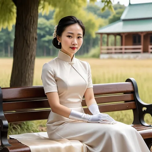Prompt: A beautiful Chinese woman wears short-sleeves clothes, and white long silk gloves that cover to upper arms. Modest Catholic Attire. She sits straight on bench, in rural area, outside a Catholic church.