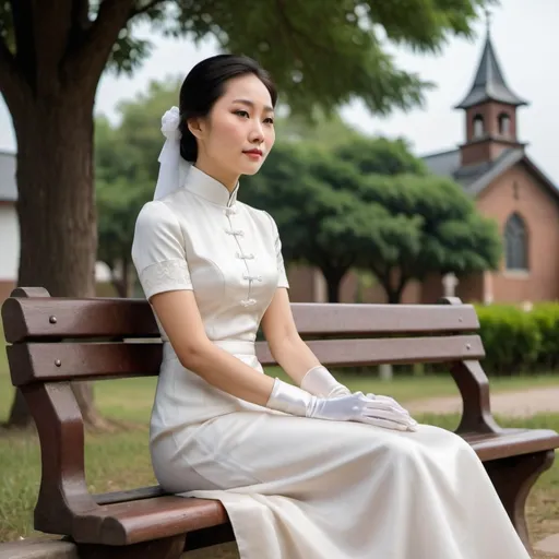Prompt: A beautiful Chinese woman wears beautiful short-sleeves clothes, and white long silk gloves that cover to the upper arm. Modest Catholic Attire. She sits straight on the bench, in rural area, outside a Catholic church.