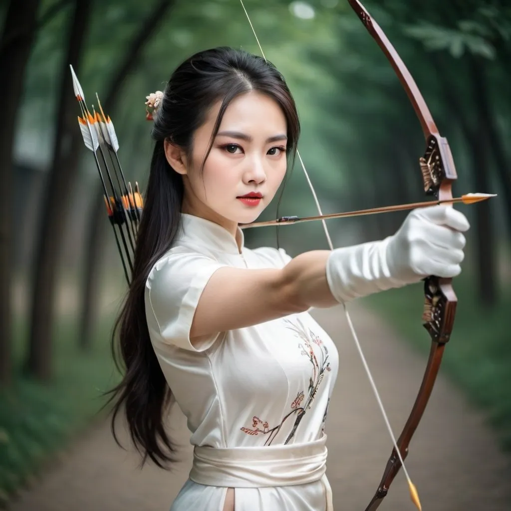 Prompt: A beautiful Chinese woman wears beautiful short-sleeves clothes, and white long silk gloves. She shoots arrow with bow. Full body