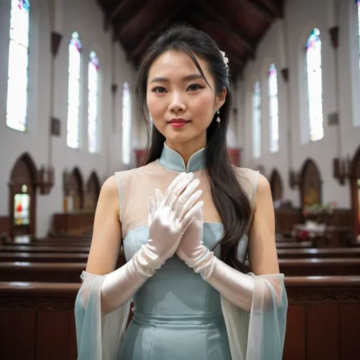 Prompt: A beautiful Chinese woman wears long silk gloves. She is in a Catholic church.