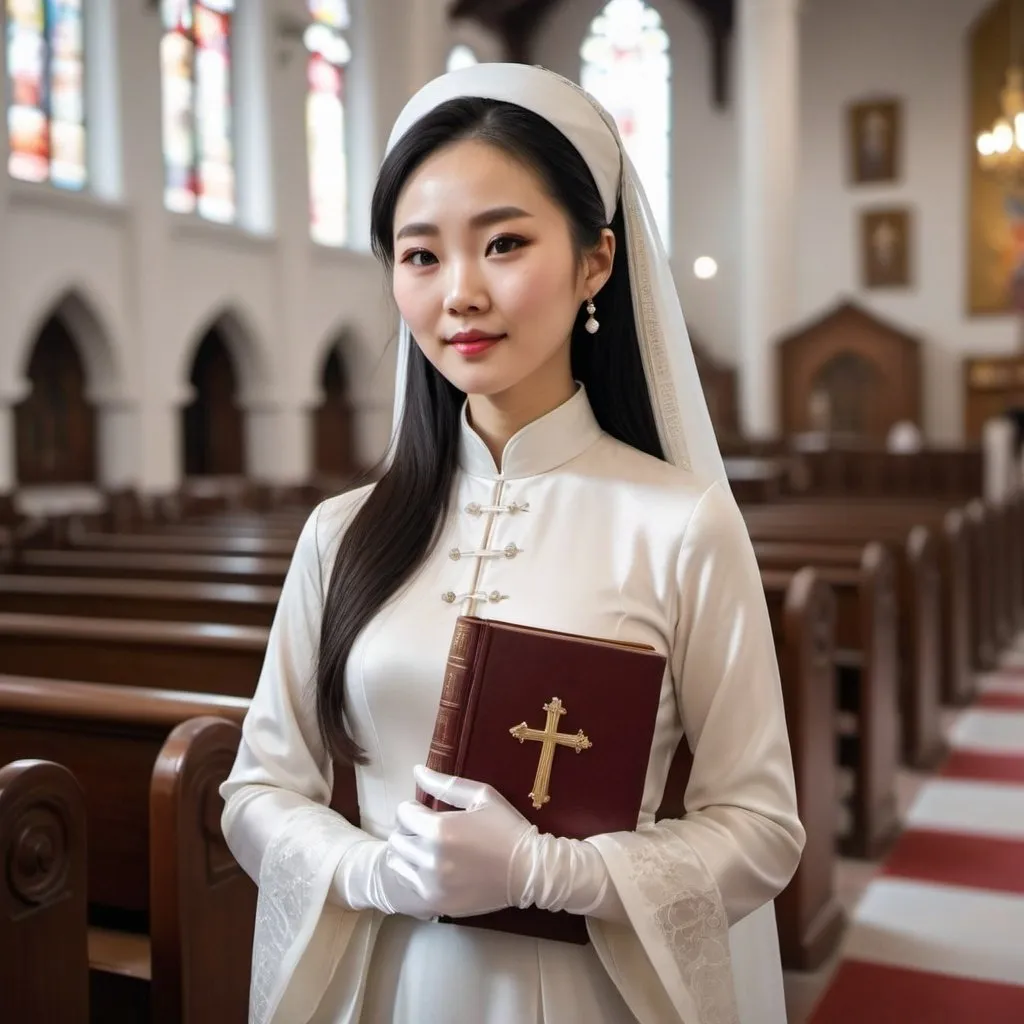 Prompt: A beautiful Chinese woman wears beautiful long-sleeves clothes, and white long silk gloves. Modest Catholic attire. Realistic. She holds a catholic bible, in a catholic church.