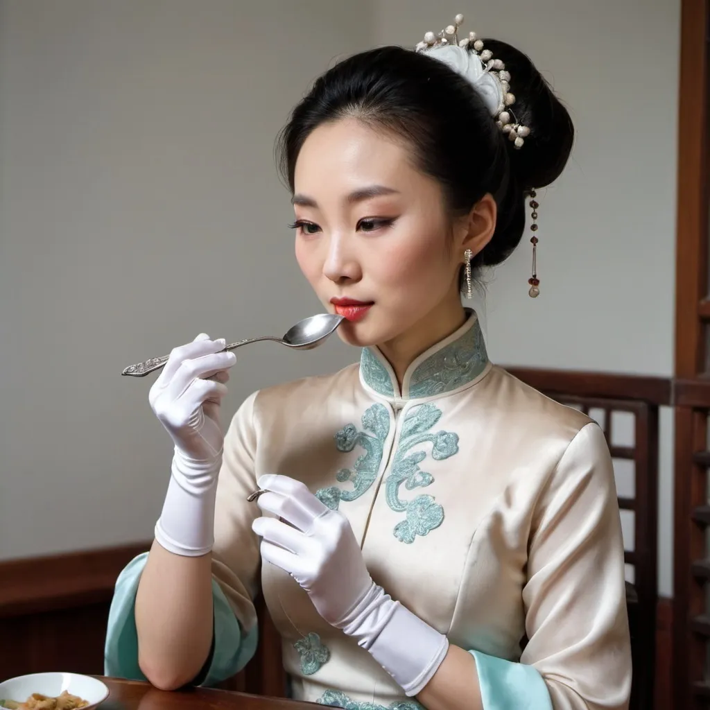 Prompt: A beautiful Chinese woman wears beautiful clothes, and white long silk gloves. Modest Catholic Attire. She eats using spoon