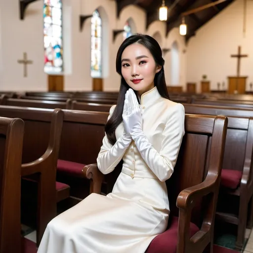 Prompt: A beautiful Chinese woman wears long white silk gloves. Modest, long sleeves. She sits straight on chair, in Catholic church. Full body.