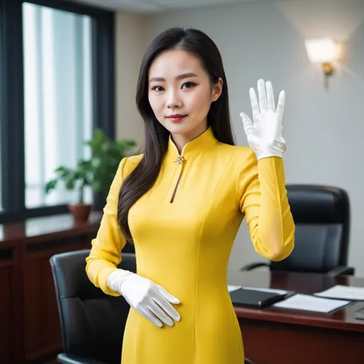 Prompt: A beautiful Chinese woman wears yellow long-sleeves business dress, and white long silk gloves. She stands in office.