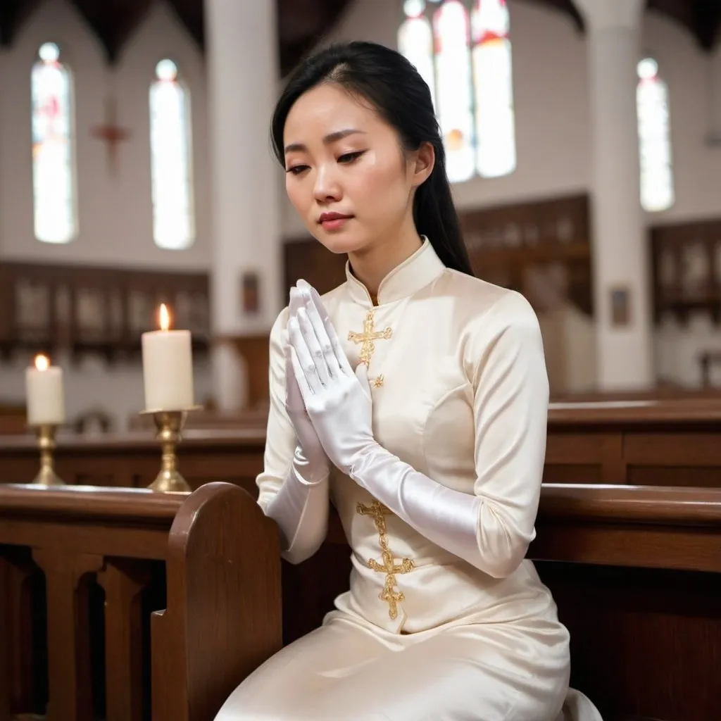 Prompt: A beautiful Chinese woman wears long white silk gloves. Modest. She kneels and prays in Catholic church.