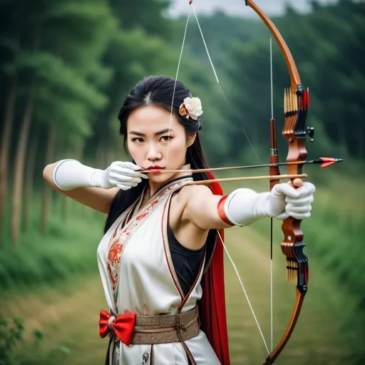 Prompt: A beautiful Chinese woman wears beautiful clothes, and white long silk gloves. She shoots arrow with bow. Rural area.