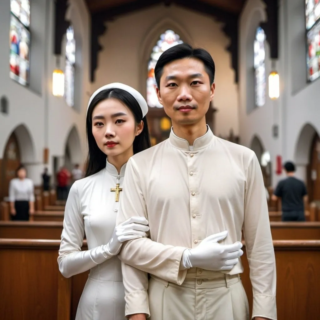 Prompt: A beautiful Chinese woman wears white long silk gloves. She stands beside her husband in a Catholic church.