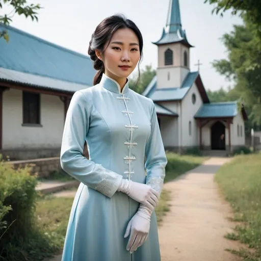 Prompt: A beautiful Chinese woman wears beautiful light blue long-sleeves clothes, and white long silk gloves. Modest Catholic attire. She stands in rural area, behind her at distant is a Catholic church. Full body. Realistic.