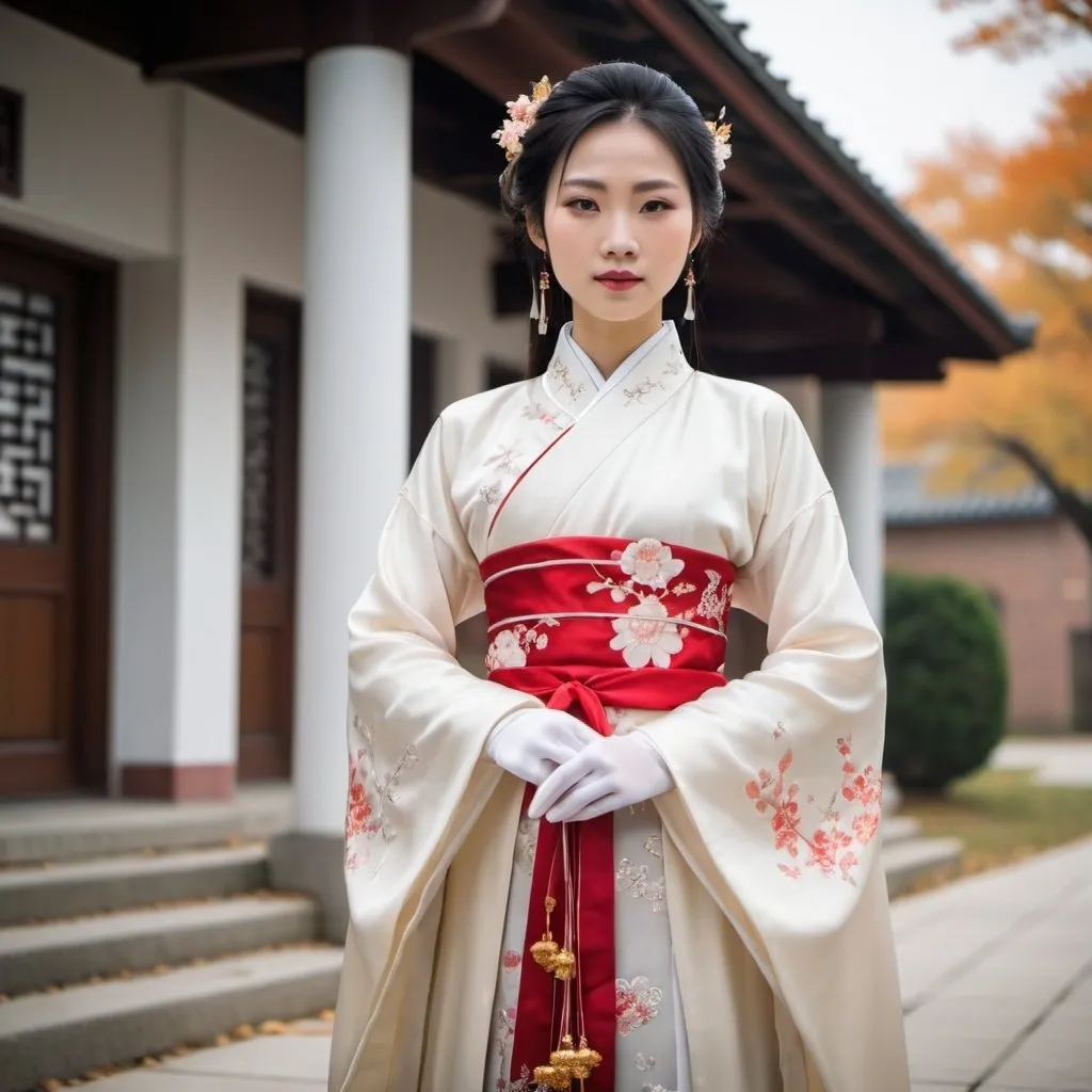 Prompt: A beautiful Chinese woman wears beautiful Hanfu, and long white silk gloves. She is outside a modern Catholic church. Full body picture.