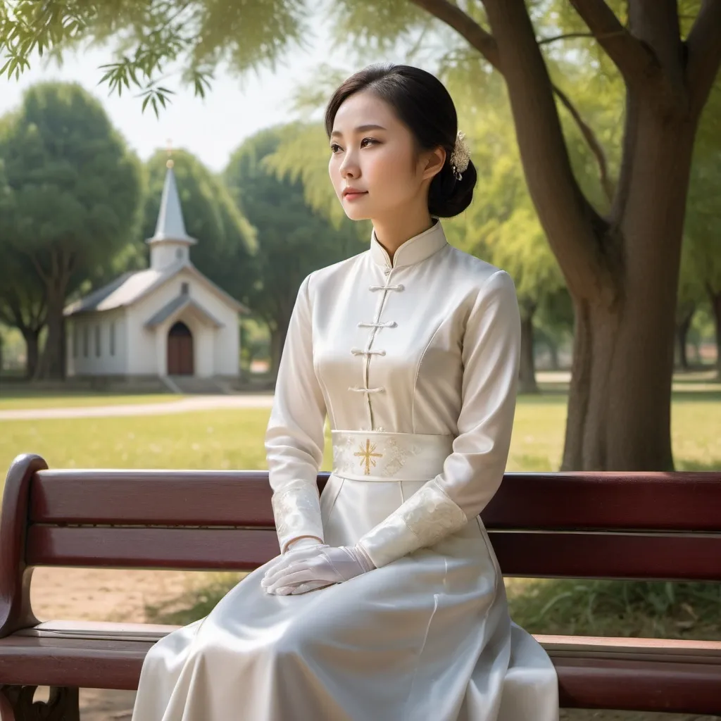 Prompt: A beautiful Chinese woman wears long-sleeves clothes, and white long silk gloves. Modest Catholic Attire. She sits straight on bench, in rural area, outside a Catholic church.