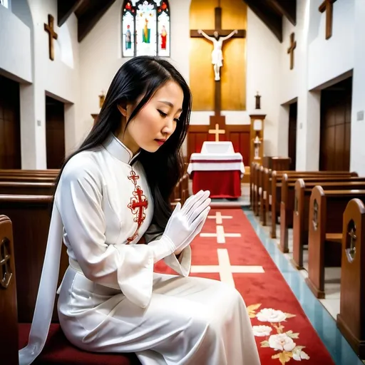 Prompt: A beautiful Chinese woman wears long white silk gloves. Modest. She kneels and prays in Catholic church, in front of Jesus cross. Full body.