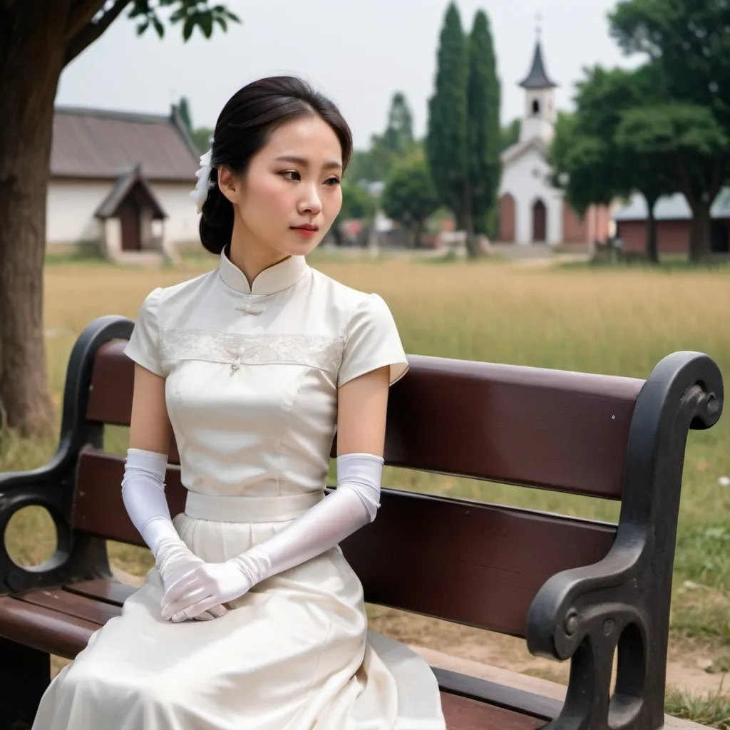 Prompt: A beautiful Chinese woman wears beautiful short-sleeves clothes, and white long silk gloves that cover to the upper arm. Modest Catholic Attire. She sits straight on the bench, in rural area, outside a Catholic church.