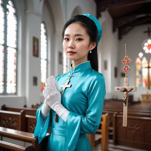 Prompt: A beautiful Chinese woman wears cyan long-sleeves clothes, and white long silk gloves. Modest. She holds the crucifix in Catholic church